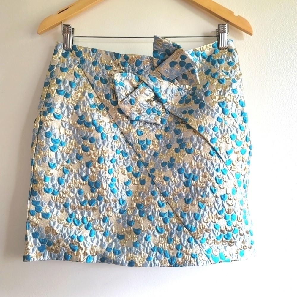 Eva Franco, Mini Bow Skirt, Turquoise/Aqua/Gold Metallic, Size 8